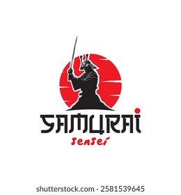 Samurai warrior logo - katana sword in front of red rising sun, Japanese bushido vector design