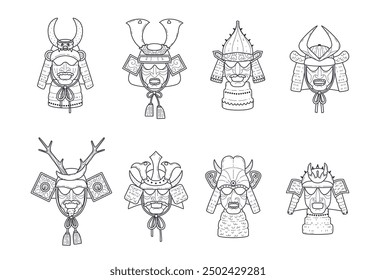 Samurai warrior mask black contour icons set. Japanese mask with horns and tassel, Kabuki theater mask silhouette. Traditional Asian folk oriental armor head helmet vector outline illustration