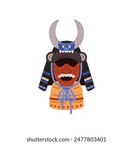 Samurai warrior mask icon. Japanese mask with horns vector flat illustration. Traditional folk Asian oriental armor head helmet for Japan samurai warrior, Kabuki theater mask