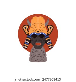 Samurai warrior mask icon on red circle. Japanese mask with horns vector flat illustration. Traditional Asian folk oriental armor head helmet with long neck for Japan samurai warrior. Kabuki theater