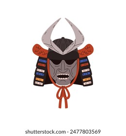 Samurai warrior mask. An intricate vector illustration that captures the essence of a traditional Japanese mask, rendered in a flat style, ideal for themed design.