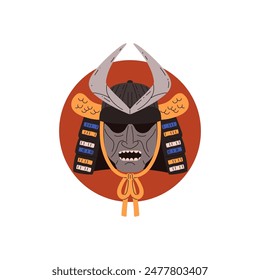 Samurai warrior mask on red circle vector icon. Japanese decorated mask with horns and lace. Oriental armor head helmet for Japan samurai warrior. Traditional Asian folk, Kabuki theater face