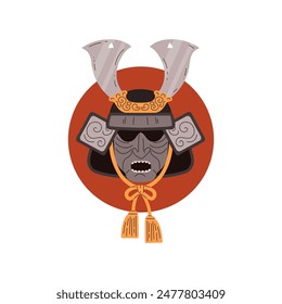 Samurai warrior mask on red circle vector icon. Japanese decorated mask with horns and tassel. Oriental armor head helmet for Japan samurai warrior. Traditional Asian folk, Kabuki theater face