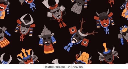 Samurai warrior mask seamless pattern on black background. Japanese martial mask vector flat illustration. Authentic oriental armor head helmet with horns. Traditional Asian folk, Kabuki theater