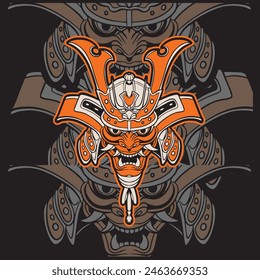 Samurai warrior mask. Traditional armor of japanese warrior. Vector illustration, shirt graphic. All elements; mask, helmet, colors are on the separate layers and editable.	