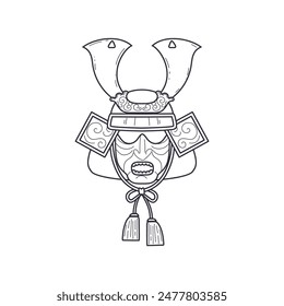 Samurai warrior mask, vector sketch in black and white. Japanese mask in flat style, ideal for design projects or as a coloring template, isolated background.