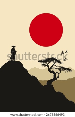 Samurai Warrior on Hilltop at Sunset in Japan