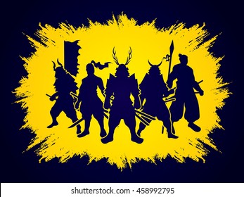 Samurai Warrior pose on grunge frame background graphic vector.