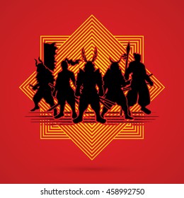 Samurai Warrior pose on line square background graphic vector.