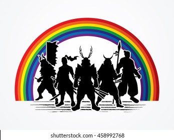 Samurai Warrior pose on line rainbows background graphic vector.