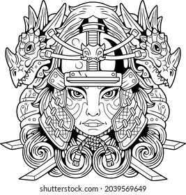 samurai warrior princess, outline illustration