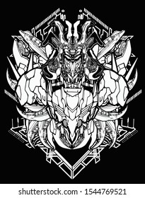 samurai warrior robot black and white with sacred modern geometry background for poster and t shirt design