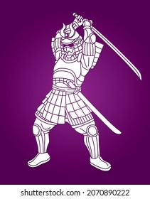 Guerrero de Samurai o Ronín con armadura y vector gráfico de acción de combate japonés con armas