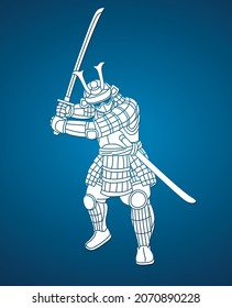 Guerrero de Samurai o Ronín con armadura y vector gráfico de acción de combate japonés con armas
