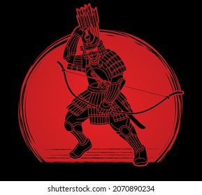 Guerrero de Samurai o Ronín con armadura y vector gráfico de acción de combate japonés con armas