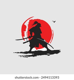 Samurai warrior silhouette. Vector illustration isolated on white background. Monochrome style.