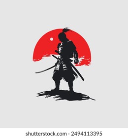 Samurai warrior silhouette. Vector illustration isolated on white background. Monochrome style.