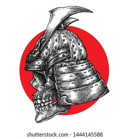 Samurai Warrior Skull, Hand Drawn Illustration, Isolated Vector