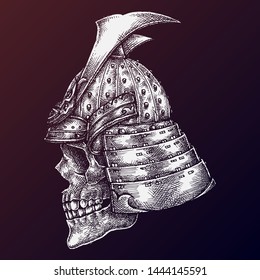 Samurai Warrior Skull, Hand Drawn Illustration, Isolated Vector