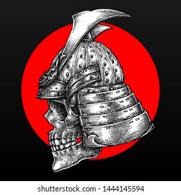 Samurai Warrior Skull, Hand Drawn Illustration, Isolated Vector