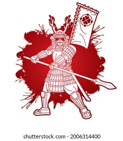 Samurai Warrior with Spear Weapon Ready to Fight Action Cartoon Graphic Vector