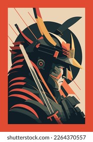 Samurai warrior with sword and helmet. flat color Vector illustration in retro style.