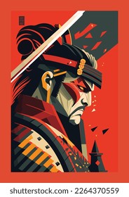 Samurai warrior with sword and helmet. flat color Vector illustration in retro style.