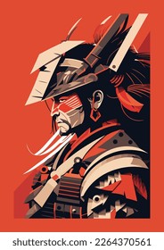 Samurai warrior with sword and helmet. flat color Vector illustration in retro style.