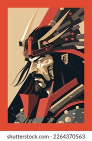 Samurai warrior with sword and helmet. flat color Vector illustration in retro style.