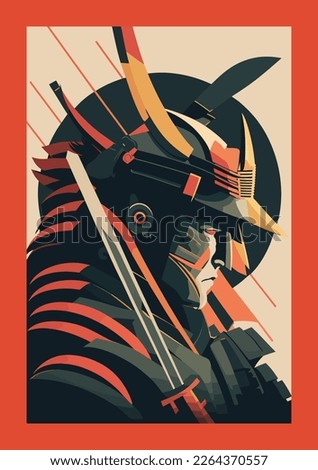 Samurai warrior with sword and helmet. flat color Vector illustration in retro style.