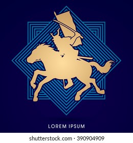 Samurai Warrior with Sword Katana, Riding horse, designed on line geometric background graphic vector.
