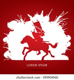 Samurai Warrior with Sword Katana, Riding horse, designed on grunge ink background graphic vector.