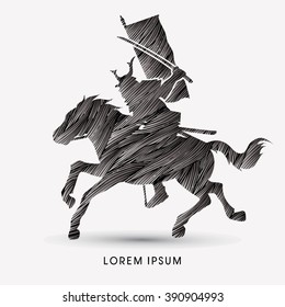Samurai Warrior with Sword Katana, Riding horse, designed using black grunge brush graphic vector.