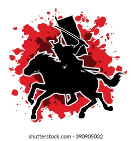 Samurai Warrior with Sword Katana, Riding horse, designed on grunge blood background graphic vector.