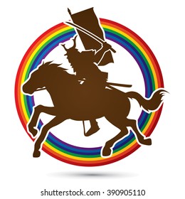 Samurai Warrior with Sword Katana, Riding horse, designed on line rainbows background graphic vector.