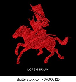 Samurai Warrior with Sword Katana, Riding horse, designed using red grunge brush graphic vector.