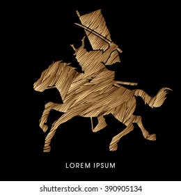 Samurai Warrior with Sword Katana, Riding horse, designed using gold grunge brush graphic vector.