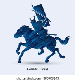 Samurai Warrior with Sword Katana, Riding horse, designed using blue grunge brush graphic vector.