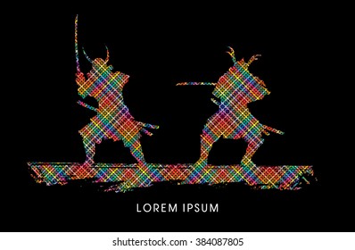 Samurai Warrior with sword, Ready to fight designed using colorful pixels graphic vector