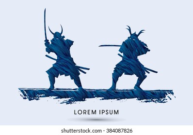 Samurai Warrior with sword, Ready to fight designed using grunge brush graphic vector