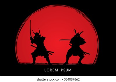 Samurai Warrior With Sword, Ready To Fight Designed On Sunset Background Graphic Vector