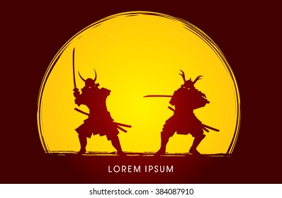 Samurai Warrior with sword, Ready to fight designed on moonlight background graphic vector
