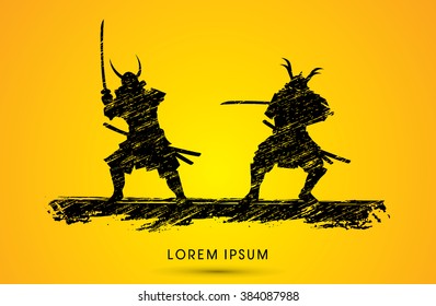 Samurai Warrior with sword, Ready to fight designed using grunge brush graphic vector