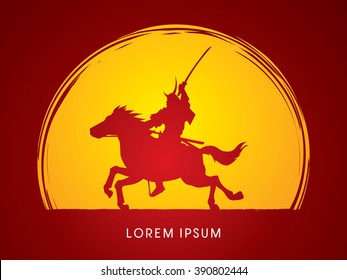Samurai Warrior with Sword, Riding horse, designed on moonlight background graphic vector.