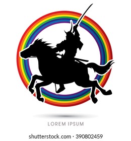 Samurai Warrior with Sword, Riding horse, designed on line rainbows background graphic vector.