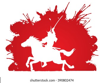 Samurai Warrior with Sword, Riding horse, designed on splash blood background graphic vector.