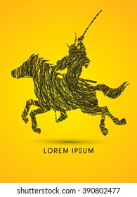 Samurai Warrior with Sword, Riding horse, designed using confuse stroke graphic vector.
