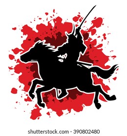 Samurai Warrior with Sword, Riding horse, designed on splash blood background graphic vector.