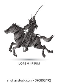 Samurai Warrior with Sword, Riding horse, designed using black grunge brush graphic vector.