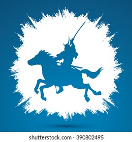 Samurai Warrior with Sword, Riding horse, designed on grunge frame background graphic vector.